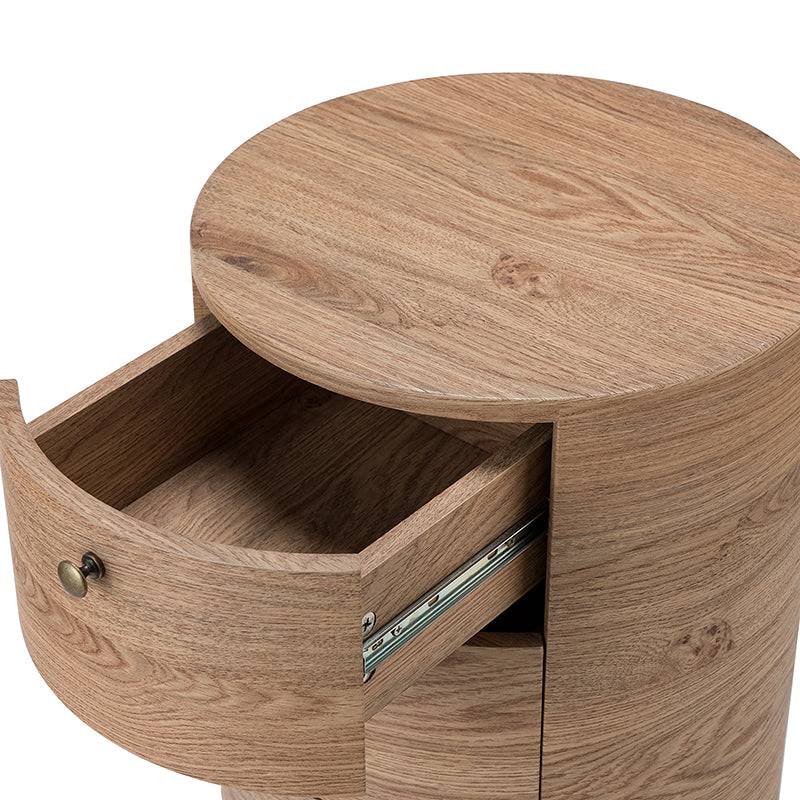 Round Boho End Table with 3 Drawers And Tripod Leg