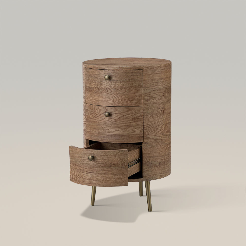 Round Boho End Table with 3 Drawers And Tripod Leg
