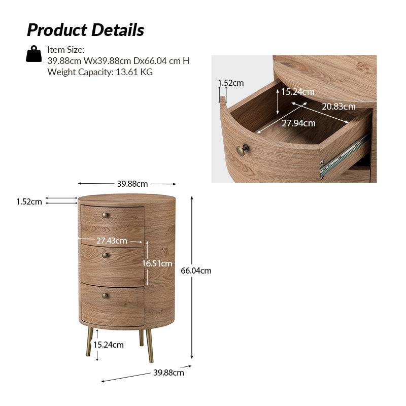 Round Boho End Table with 3 Drawers And Tripod Leg