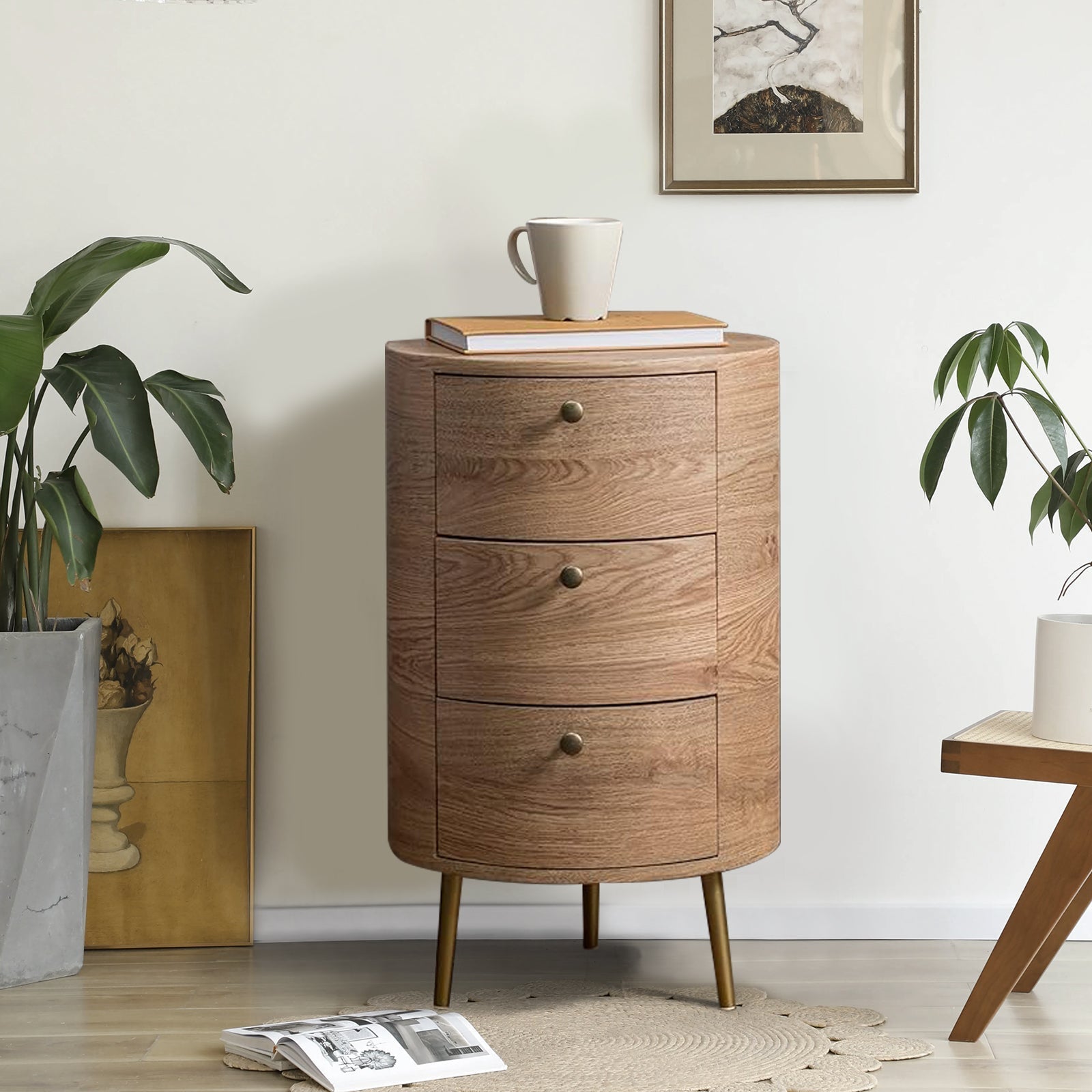 Round Boho End Table with 3 Drawers And Tripod Leg