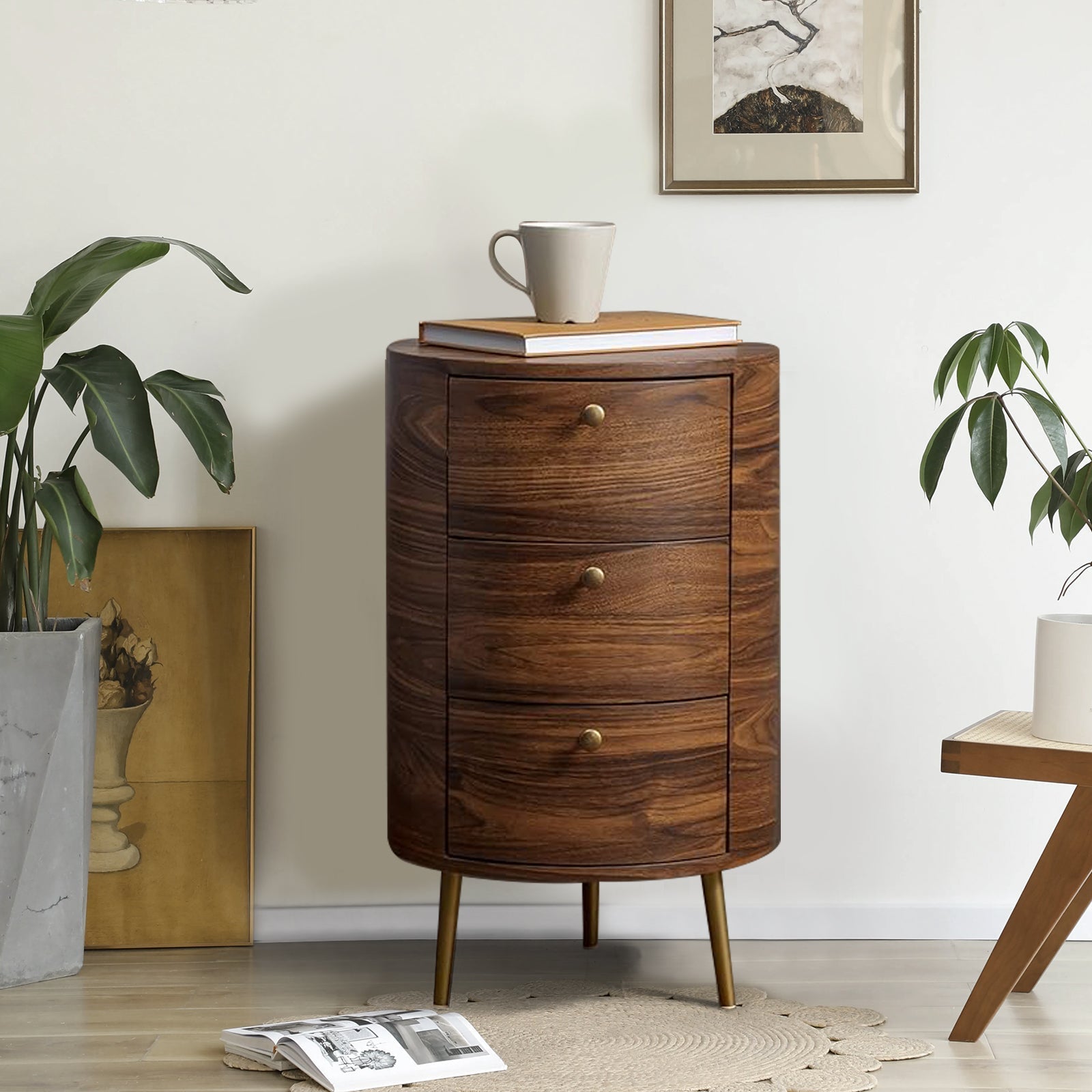 Round Boho End Table with 3 Drawers And Tripod Leg