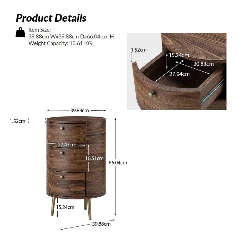 Round Boho End Table with 3 Drawers And Tripod Leg
