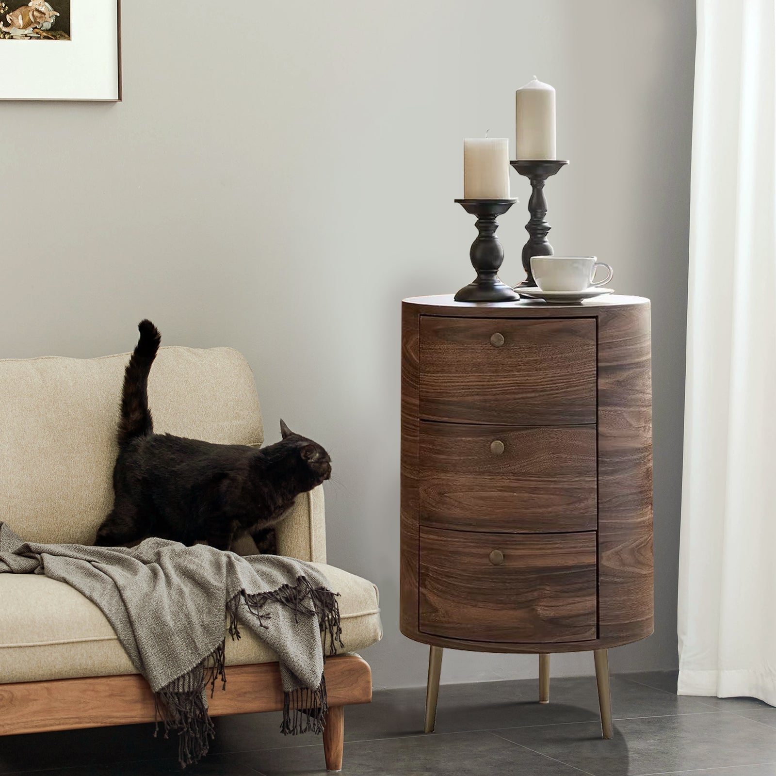 Round Boho End Table with 3 Drawers And Tripod Leg