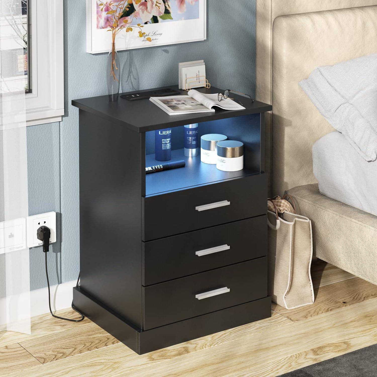 Light End Table with 3 Drawers&Open Storage