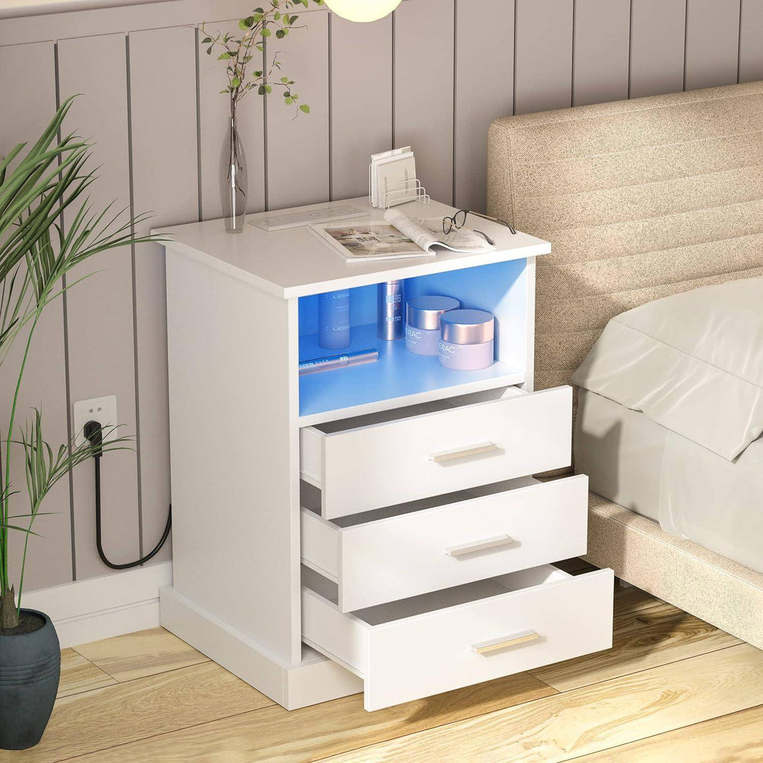 Light End Table with 3 Drawers&Open Storage