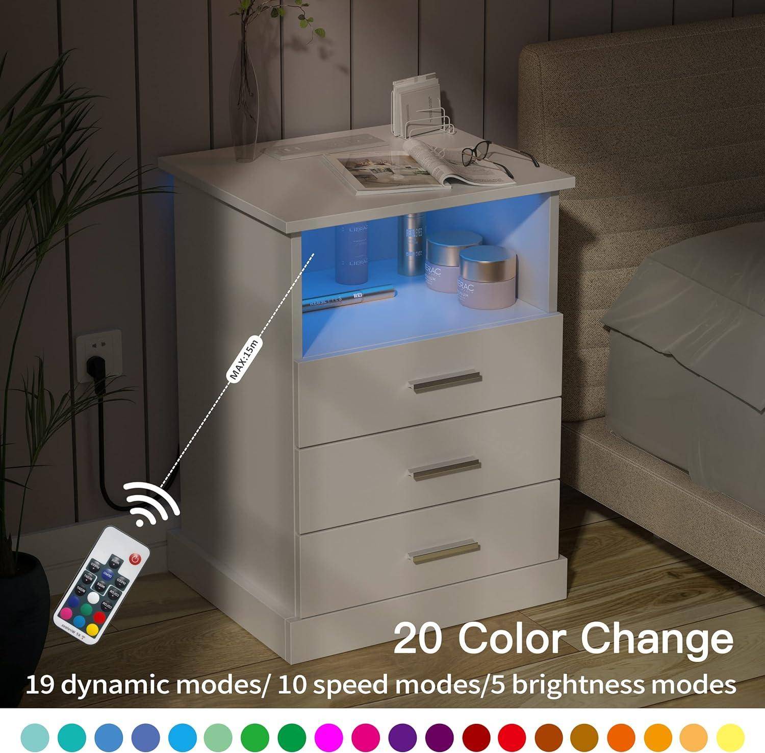 Light End Table with 3 Drawers&Open Storage