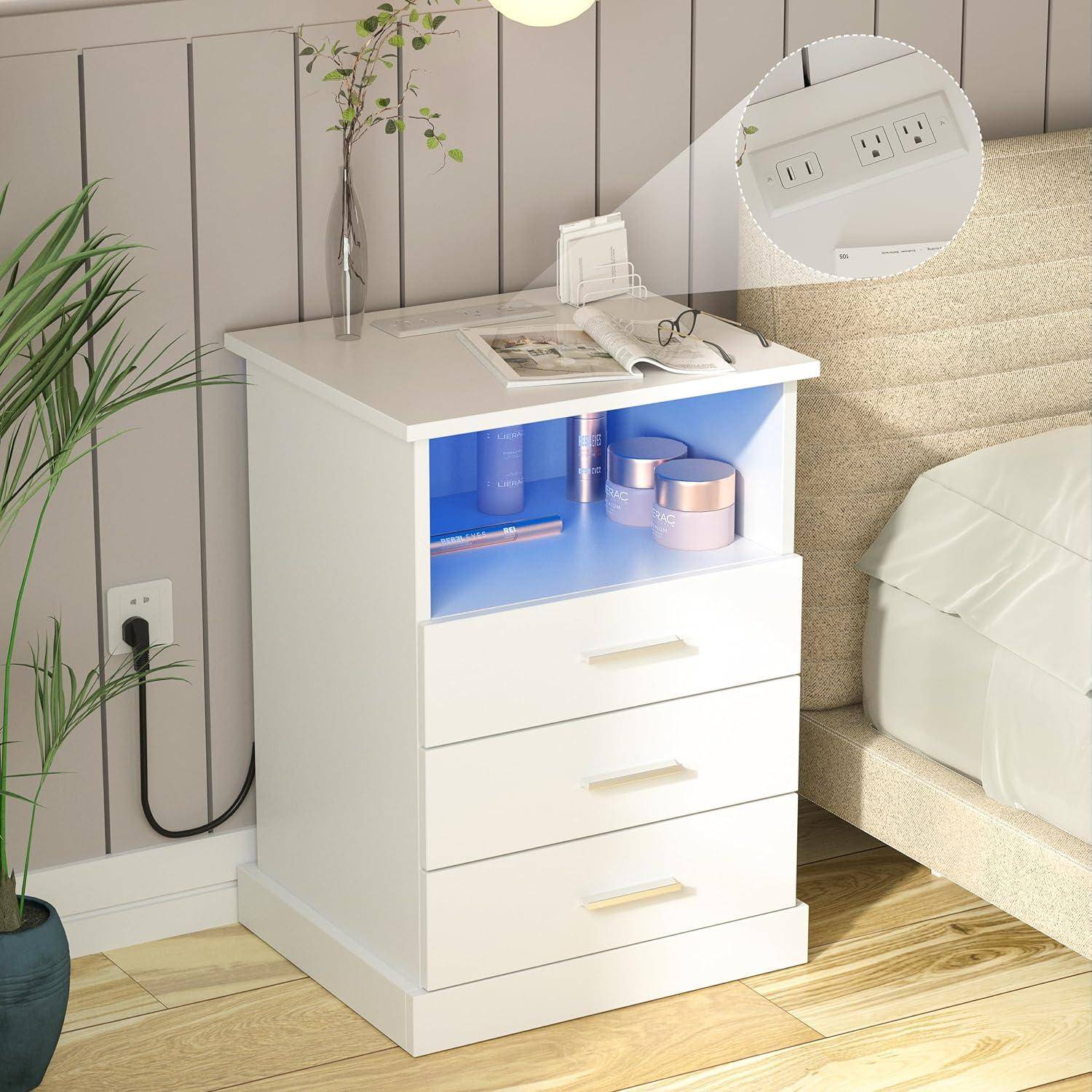 Light End Table with 3 Drawers&Open Storage