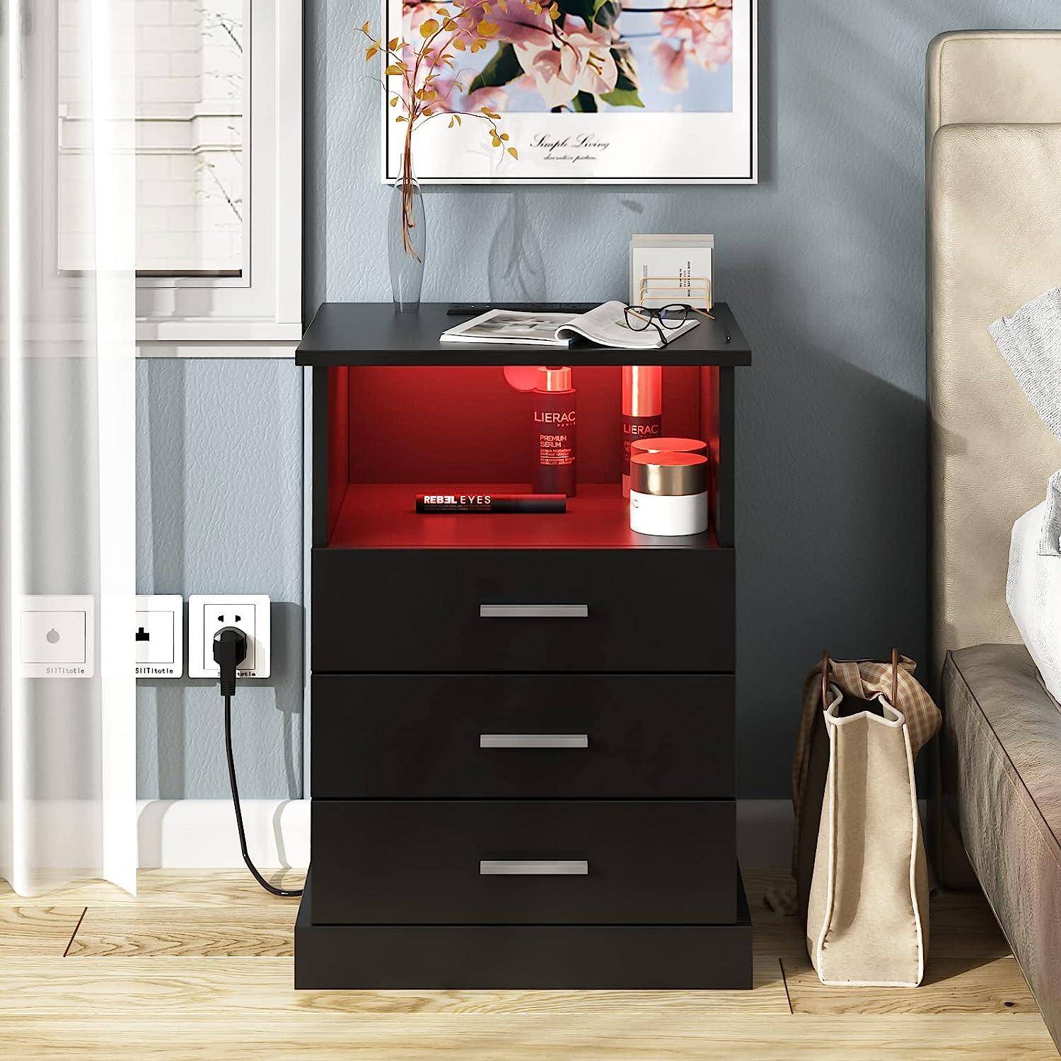 Light End Table with 3 Drawers&Open Storage