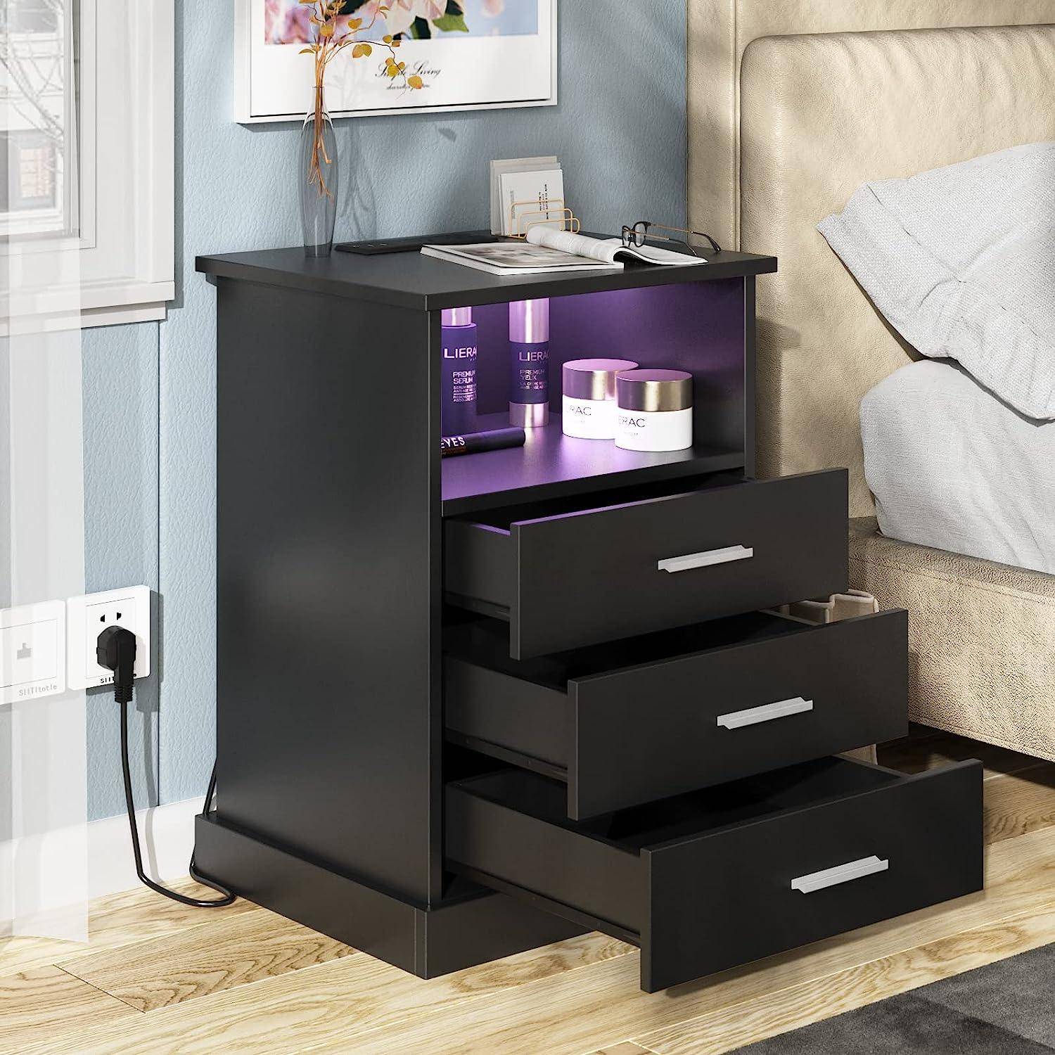 Light End Table with 3 Drawers&Open Storage