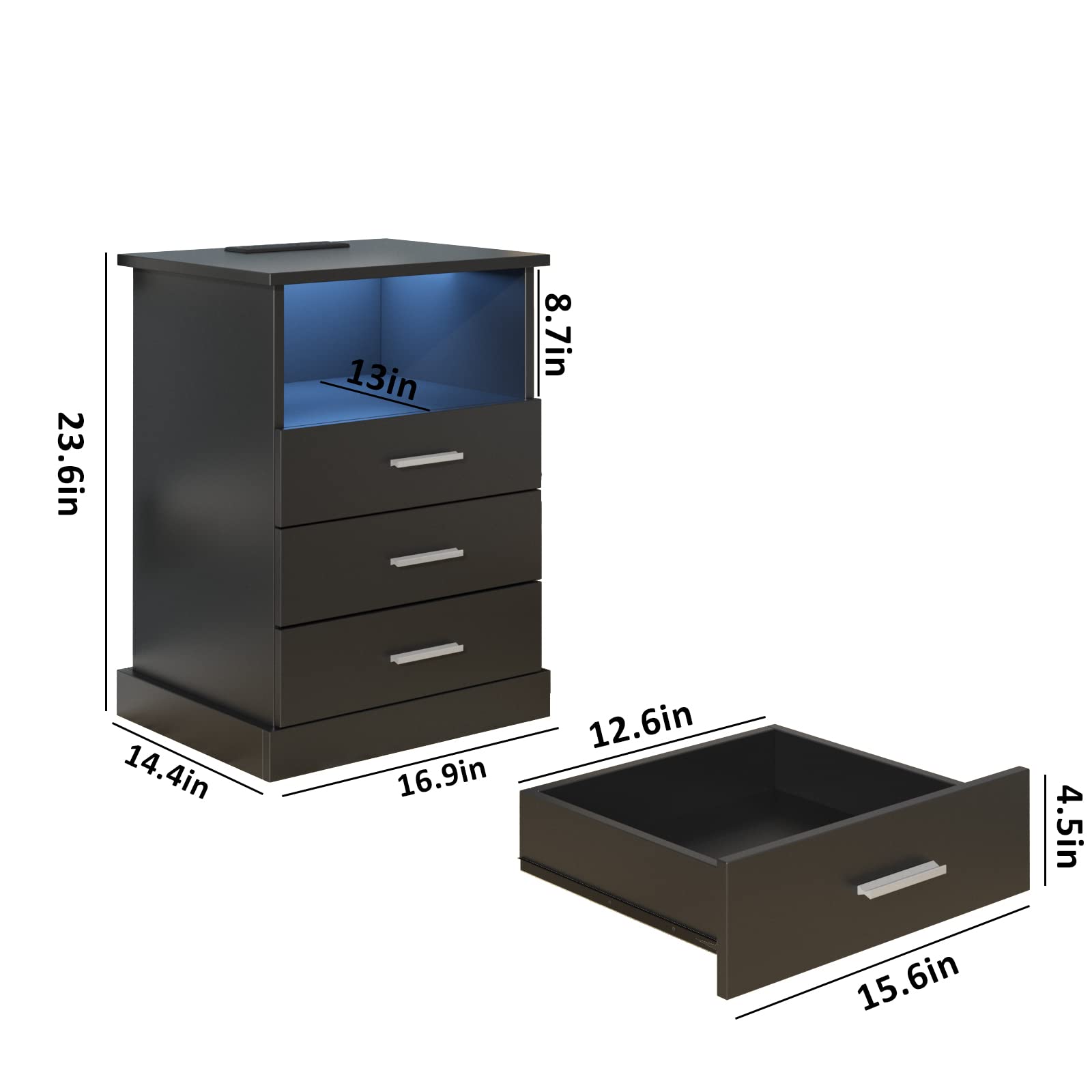 Light End Table with 3 Drawers&Open Storage