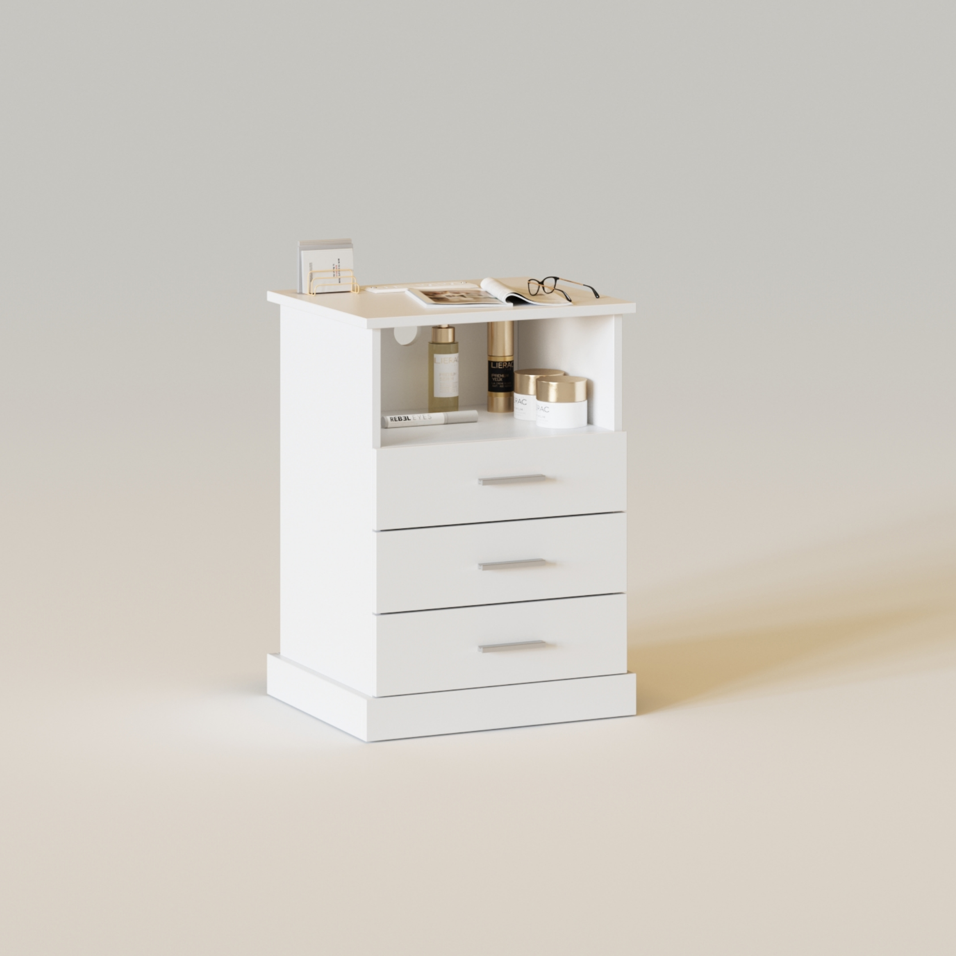 Light End Table with 3 Drawers&Open Storage