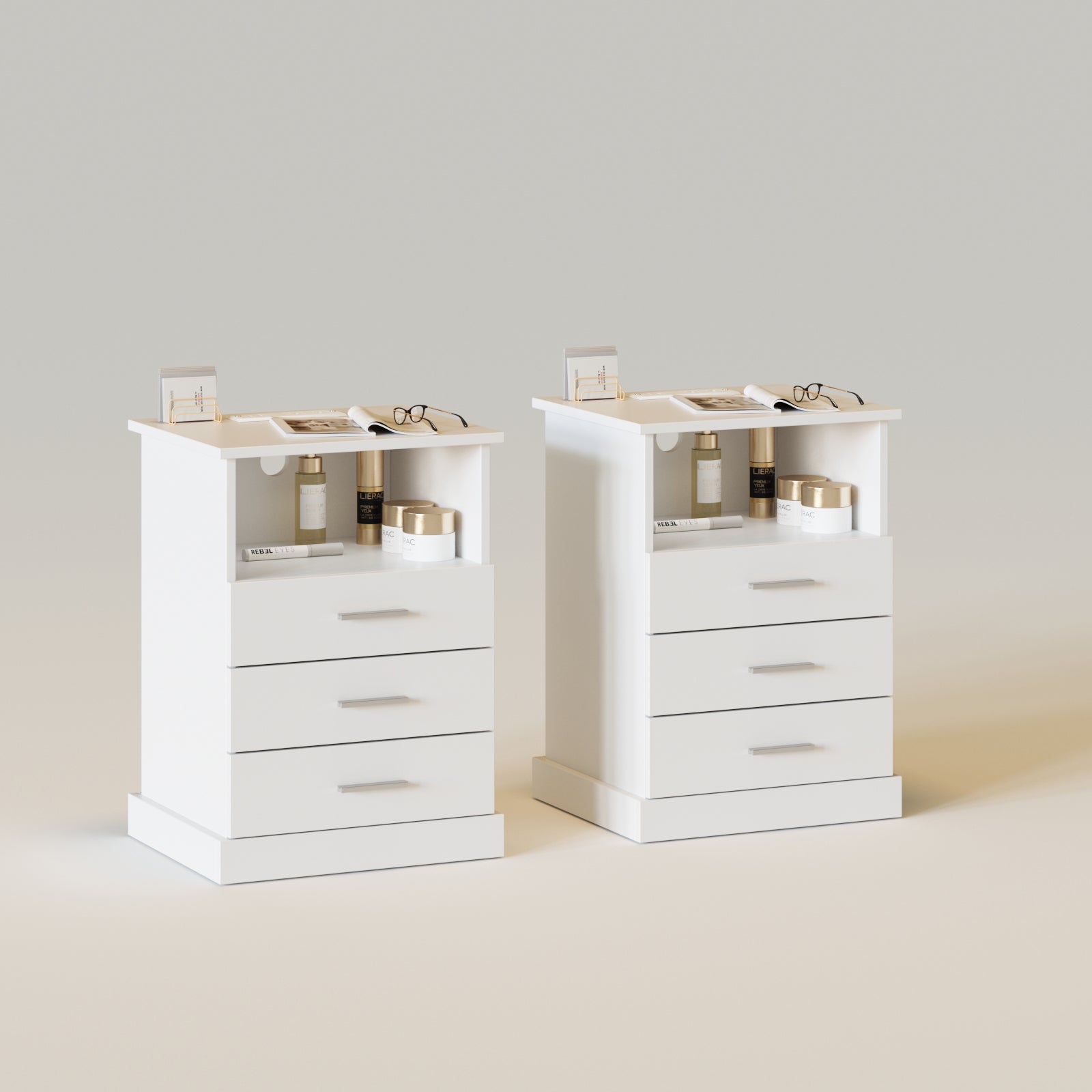 Light End Table with 3 Drawers&Open Storage