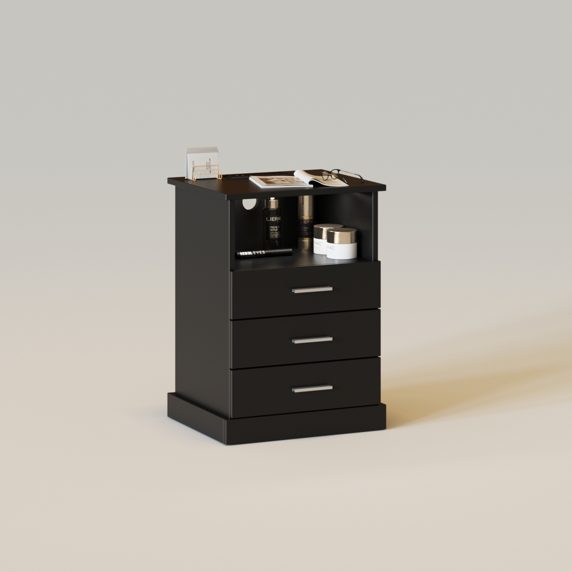 Light End Table with 3 Drawers&Open Storage