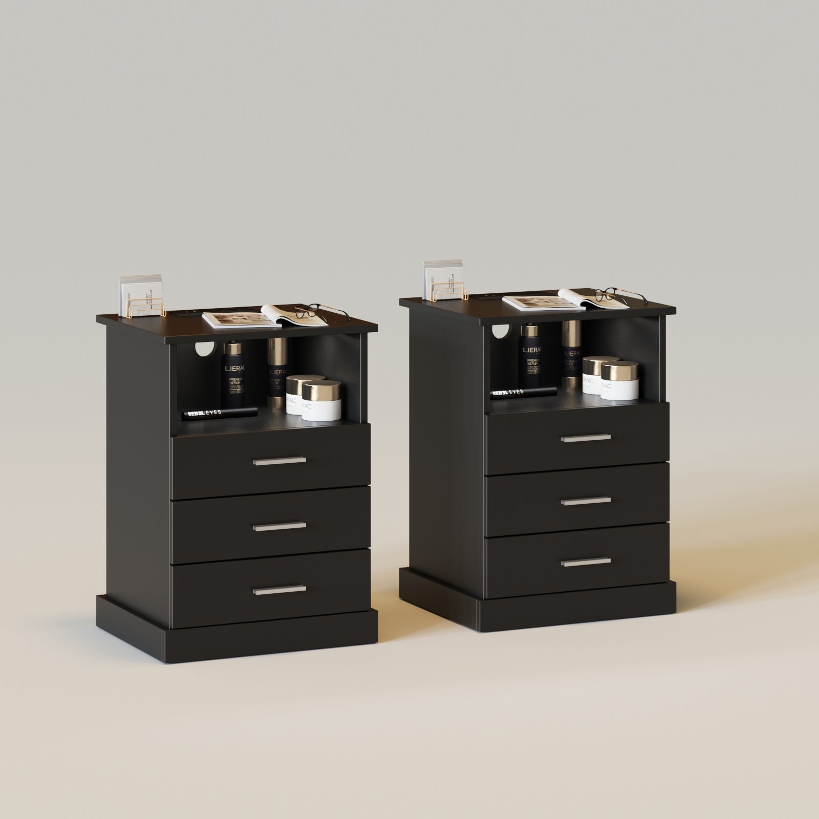Light End Table with 3 Drawers&Open Storage