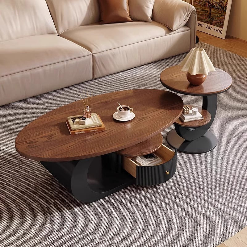 Modern Square Coffee Table Set – Brown Finish Wooden Frame
