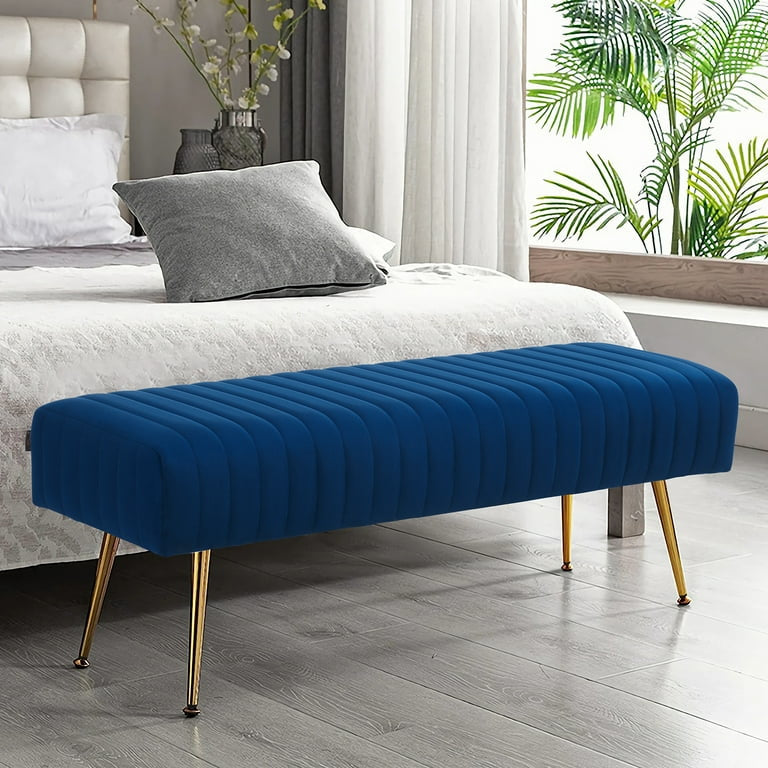 Velvet Luxe Bench – Midnight Blue with Gold Legs