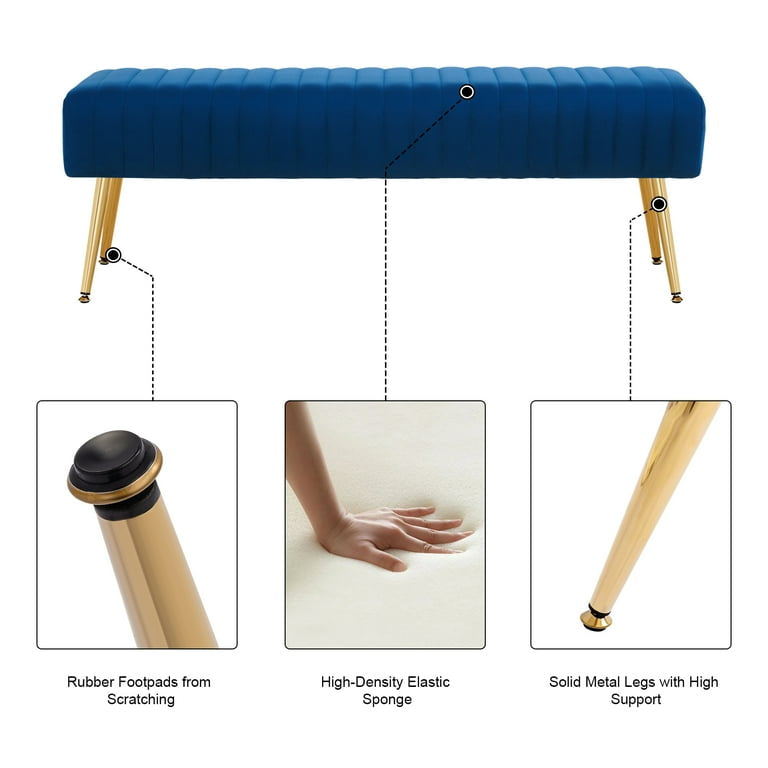Velvet Luxe Bench – Midnight Blue with Gold Legs