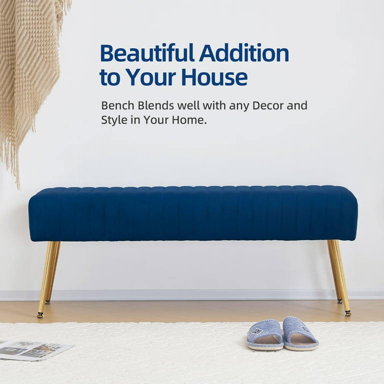 Velvet Luxe Bench – Midnight Blue with Gold Legs