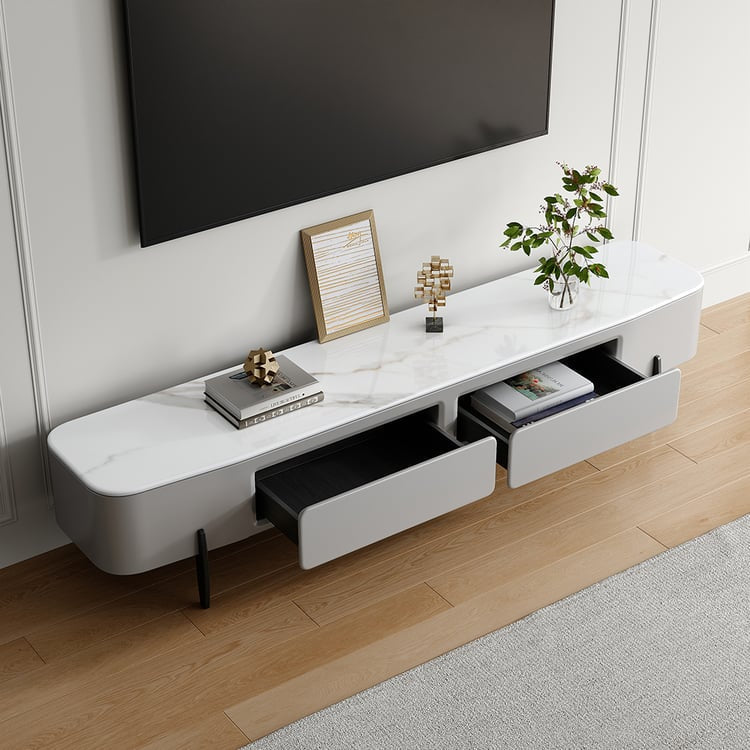 Sleek Marble Top TV Console – Grey & White Minimalist
