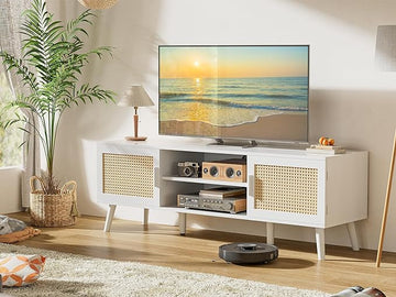 Boho Rattan TV Console – White & Natural Cane Design