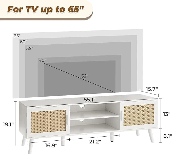 Boho Rattan TV Console – White & Natural Cane Design