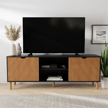 Scandi Slatted TV Console – White & Natural Wood