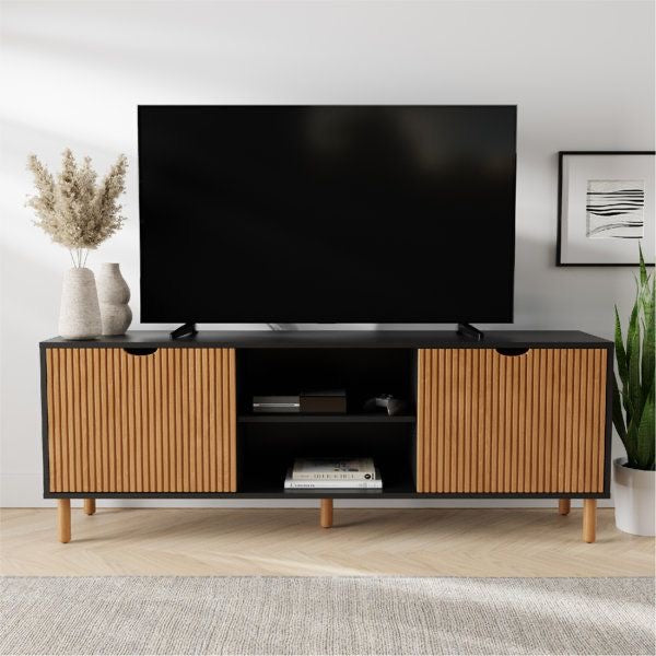 Scandi Slatted TV Console – White & Natural Wood