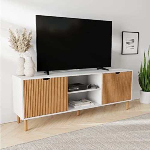 Scandi Slatted TV Console – White & Natural Wood