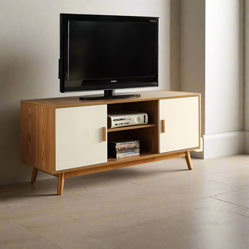 Mid-Century Compact TV Console – Two-Tone Wood & Cream