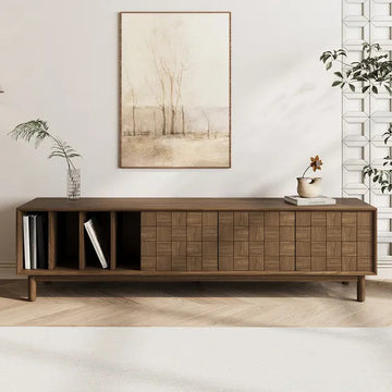 Grid Pattern Walnut Console – Japandi Bookshelf Style