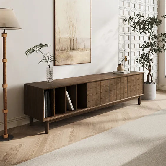 Grid Pattern Walnut Console – Japandi Bookshelf Style