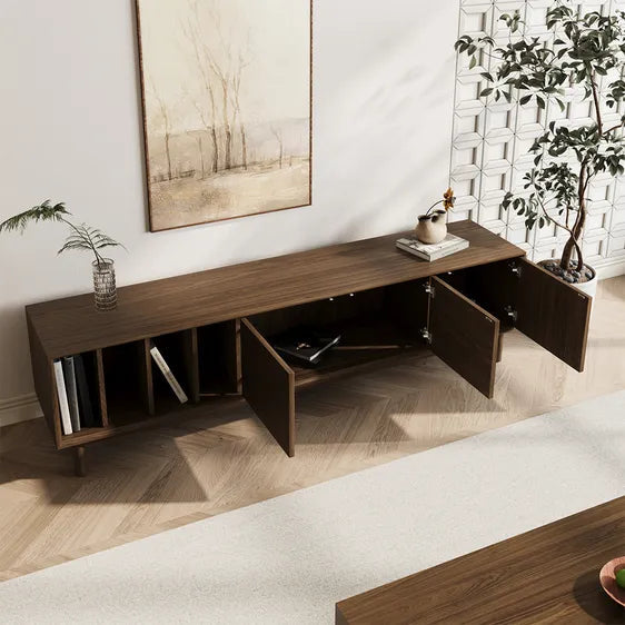 Grid Pattern Walnut Console – Japandi Bookshelf Style