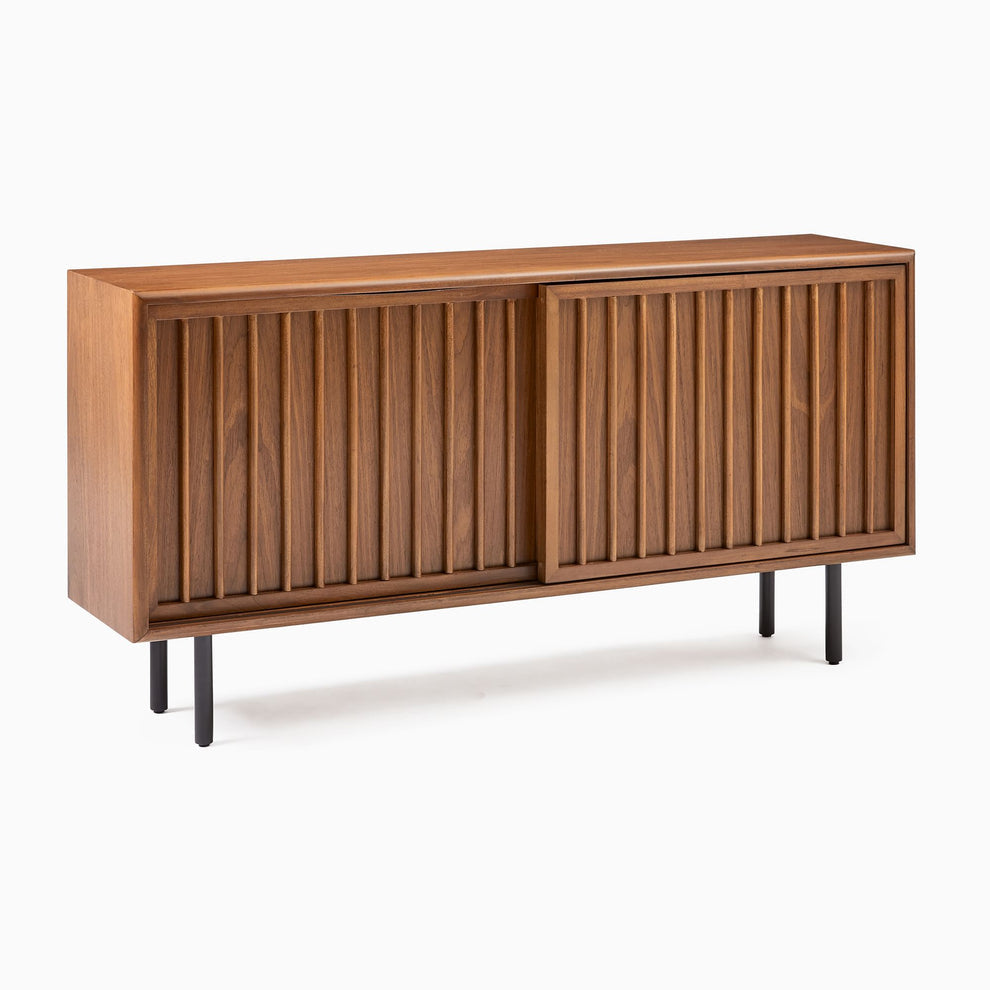 Walnut Slat Sliding Console – Mid-Century Elegance