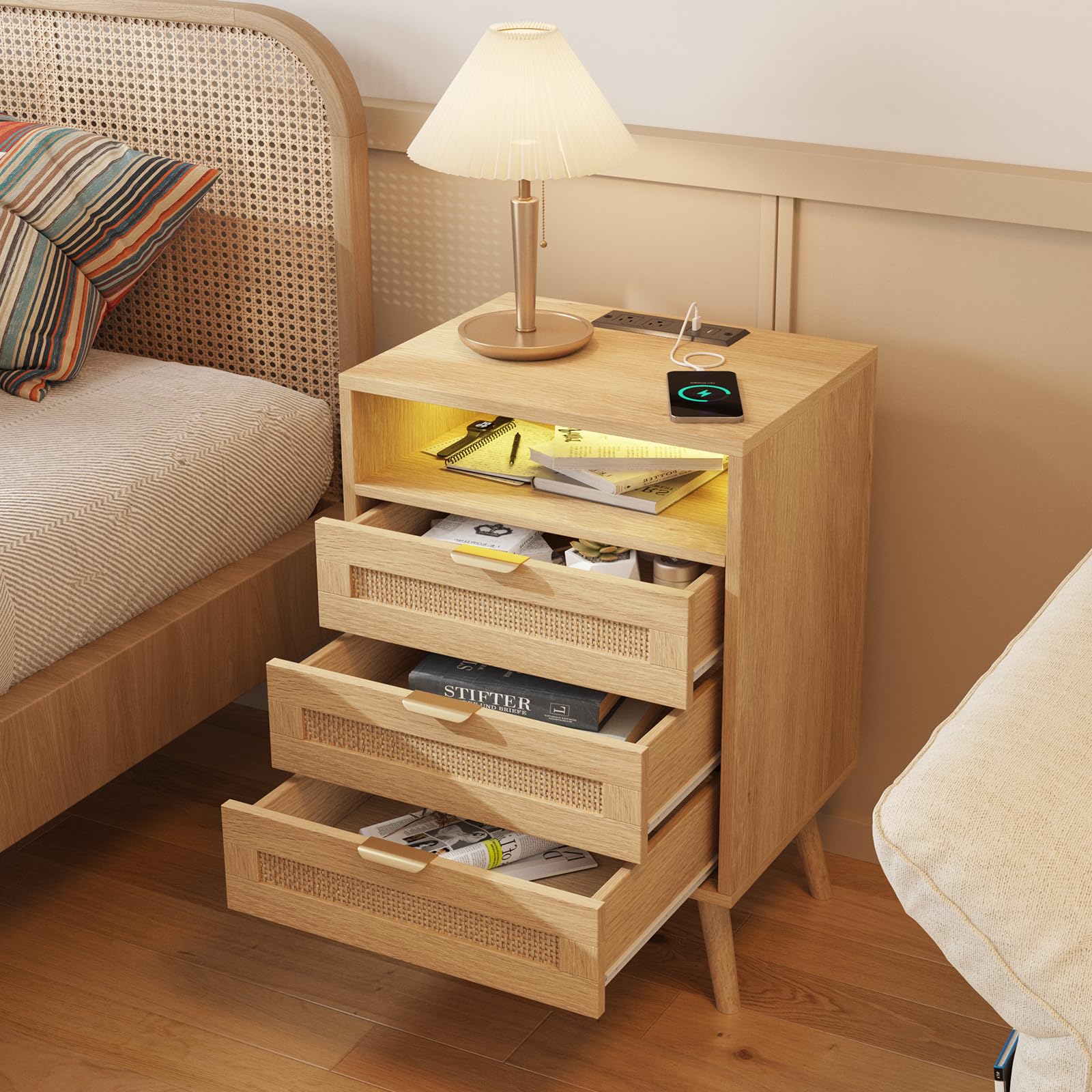 Rattan Nightstand with Charging Station