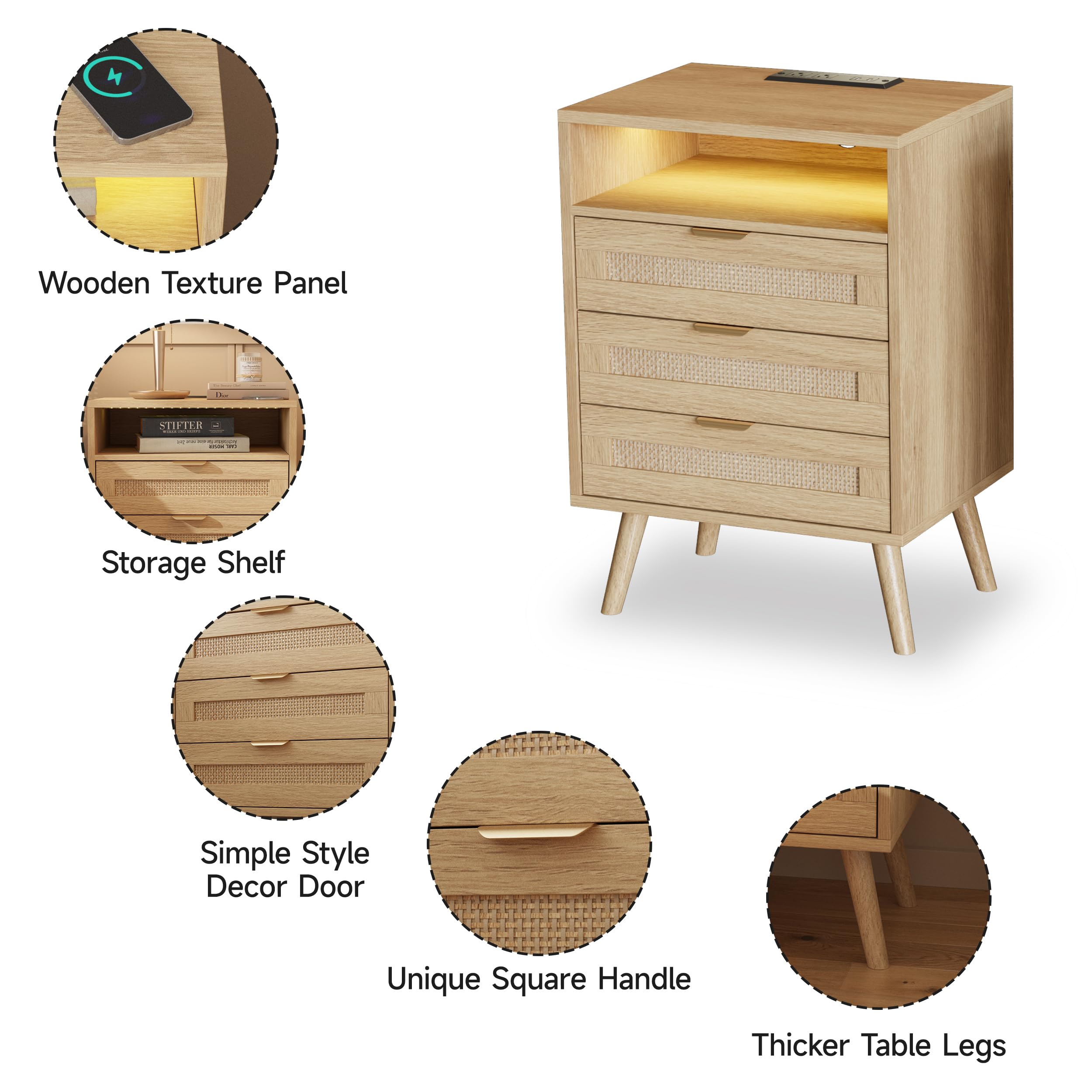 Rattan Nightstand with Charging Station