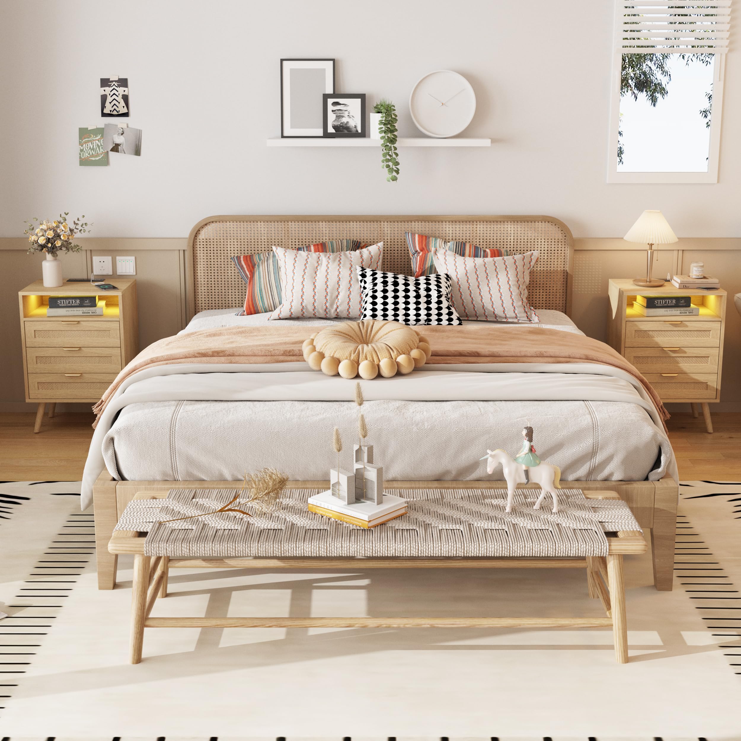 Rattan Nightstand with Charging Station