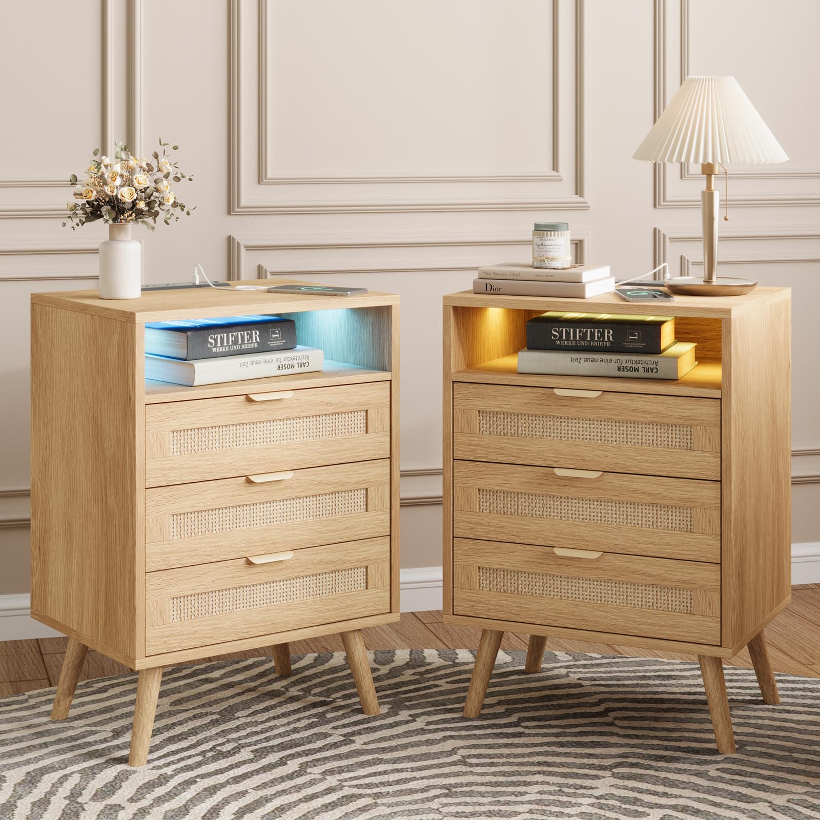 Rattan Nightstand with Charging Station