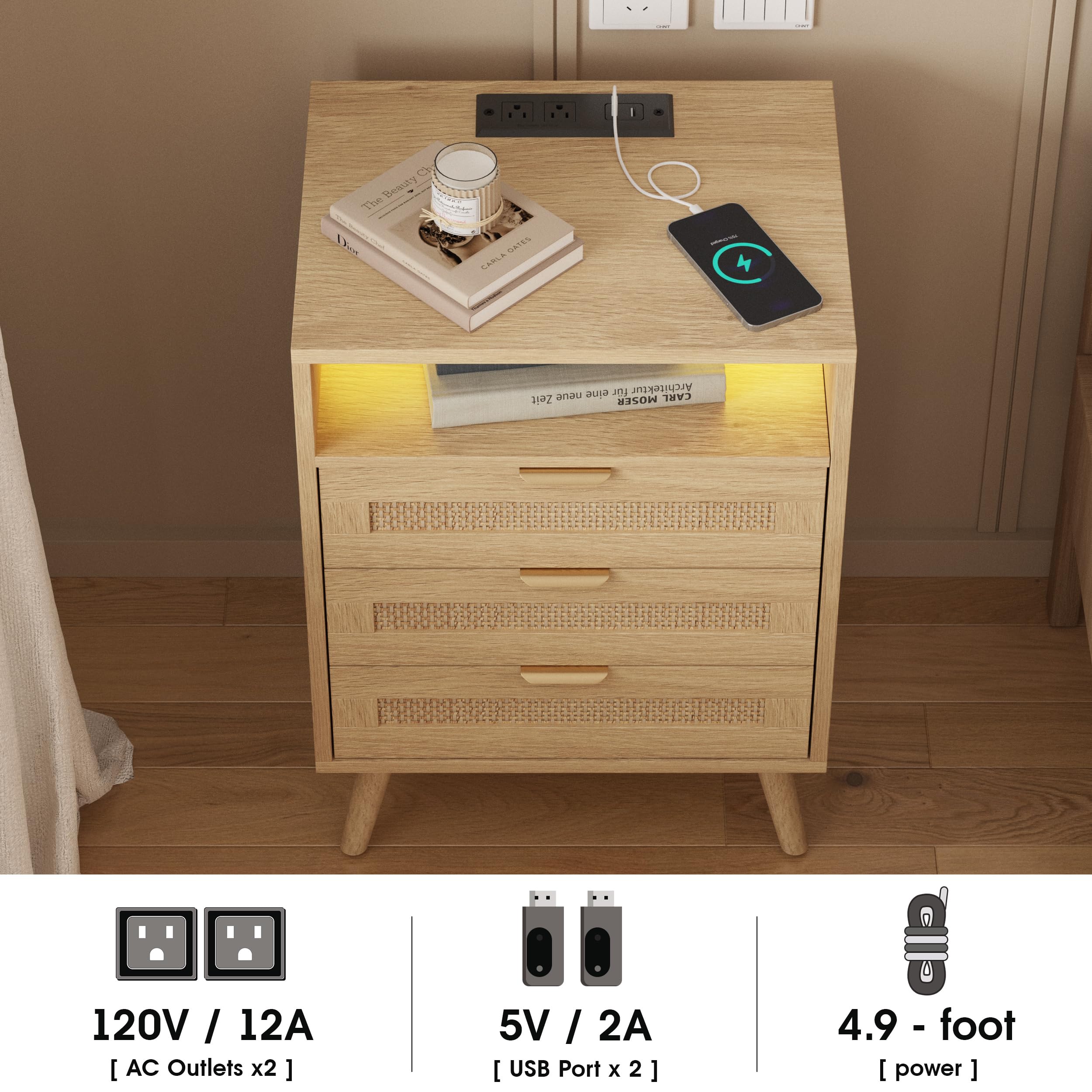 Rattan Nightstand with Charging Station