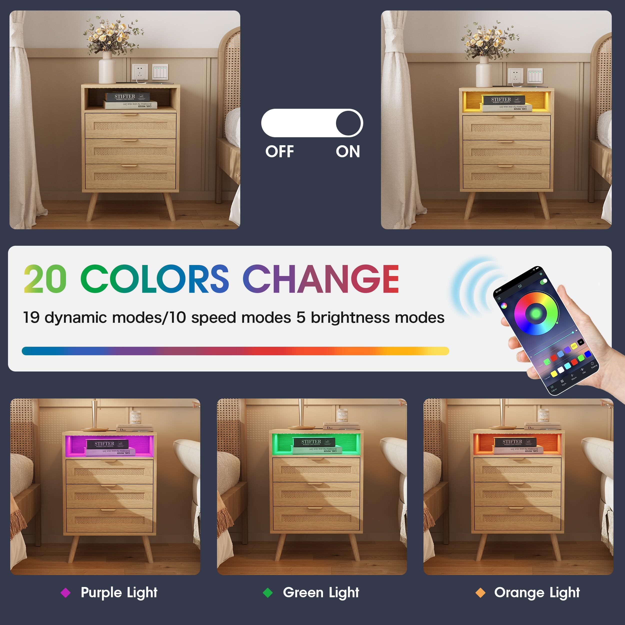 Rattan Nightstand with Charging Station