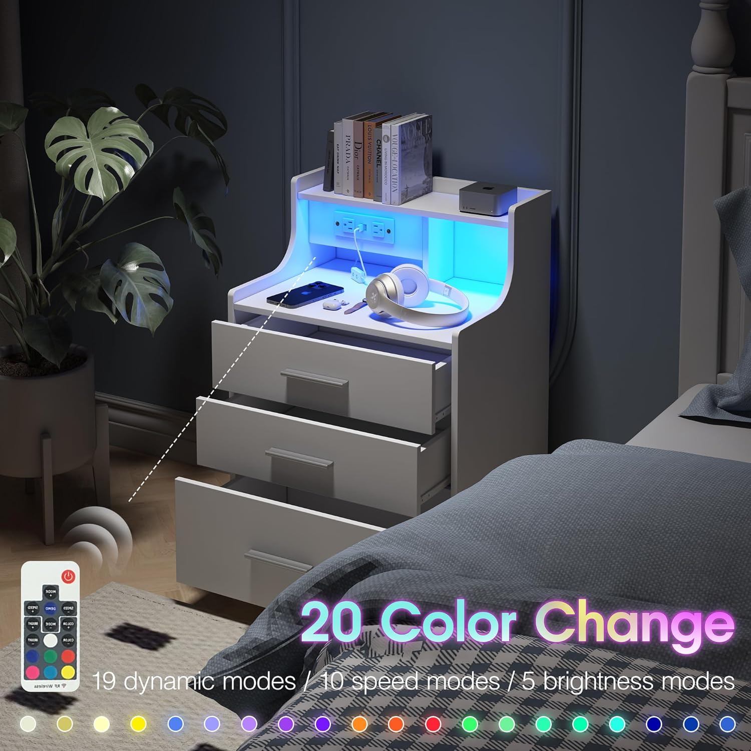 Nightstand Bed Side Table with Charging Station