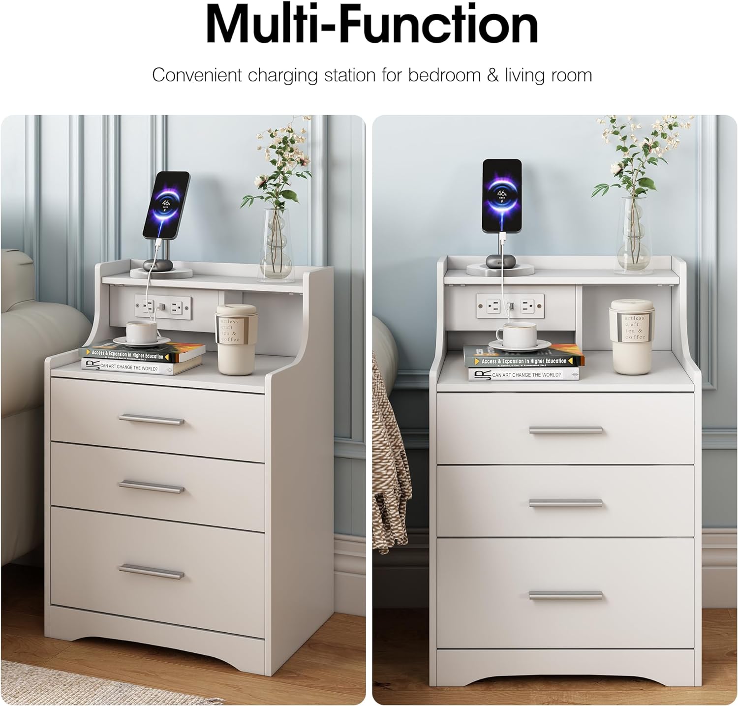 Nightstand Bed Side Table with Charging Station