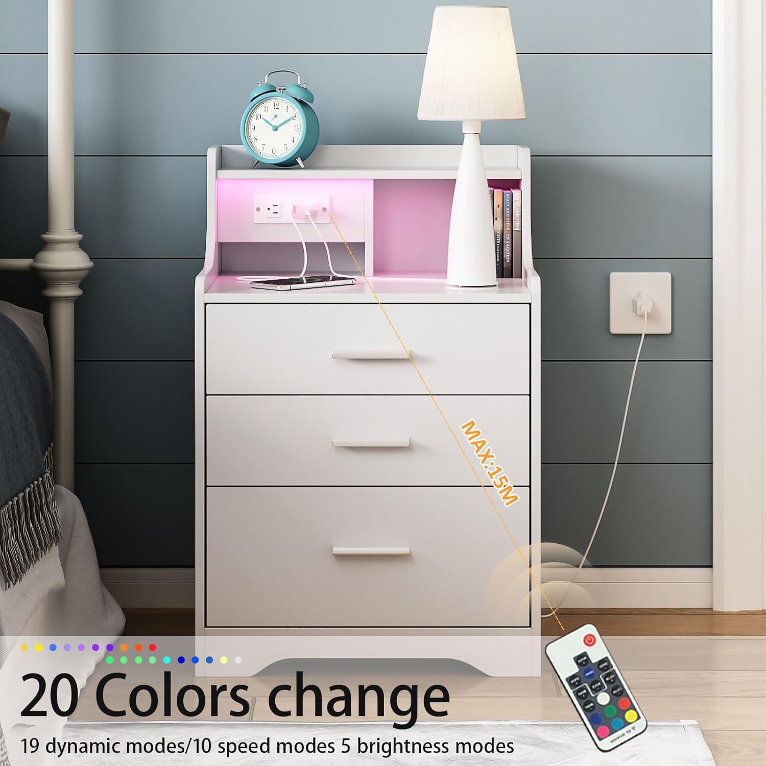 Nightstand Bed Side Table with Charging Station