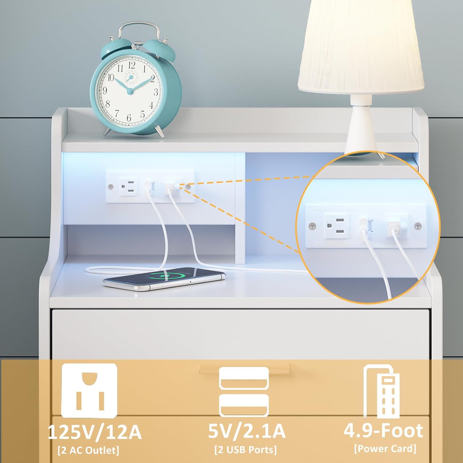 Nightstand Bed Side Table with Charging Station