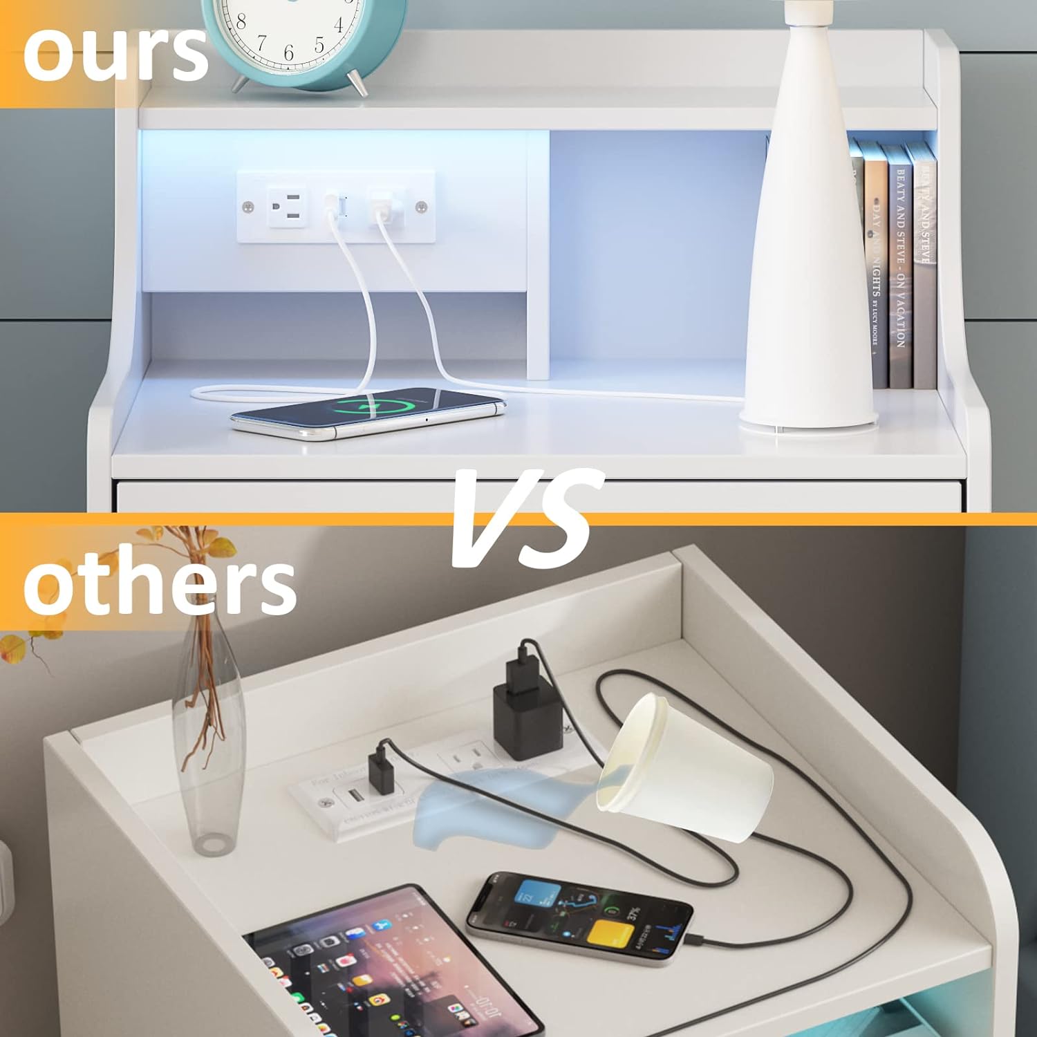Nightstand Bed Side Table with Charging Station