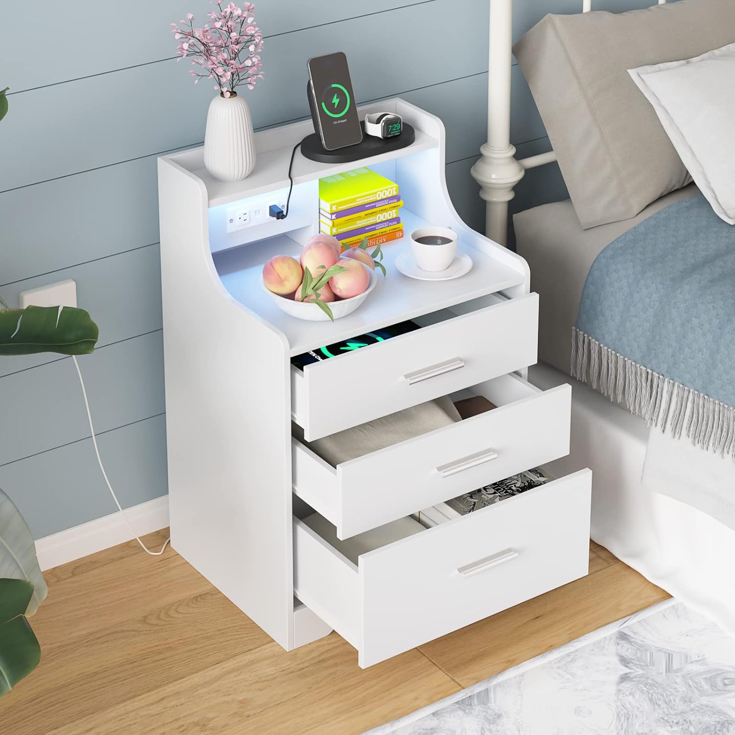 Nightstand Bed Side Table with Charging Station