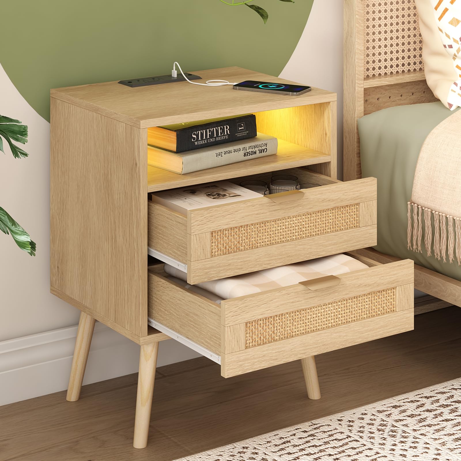 Rattan Nightstand with Charging Station