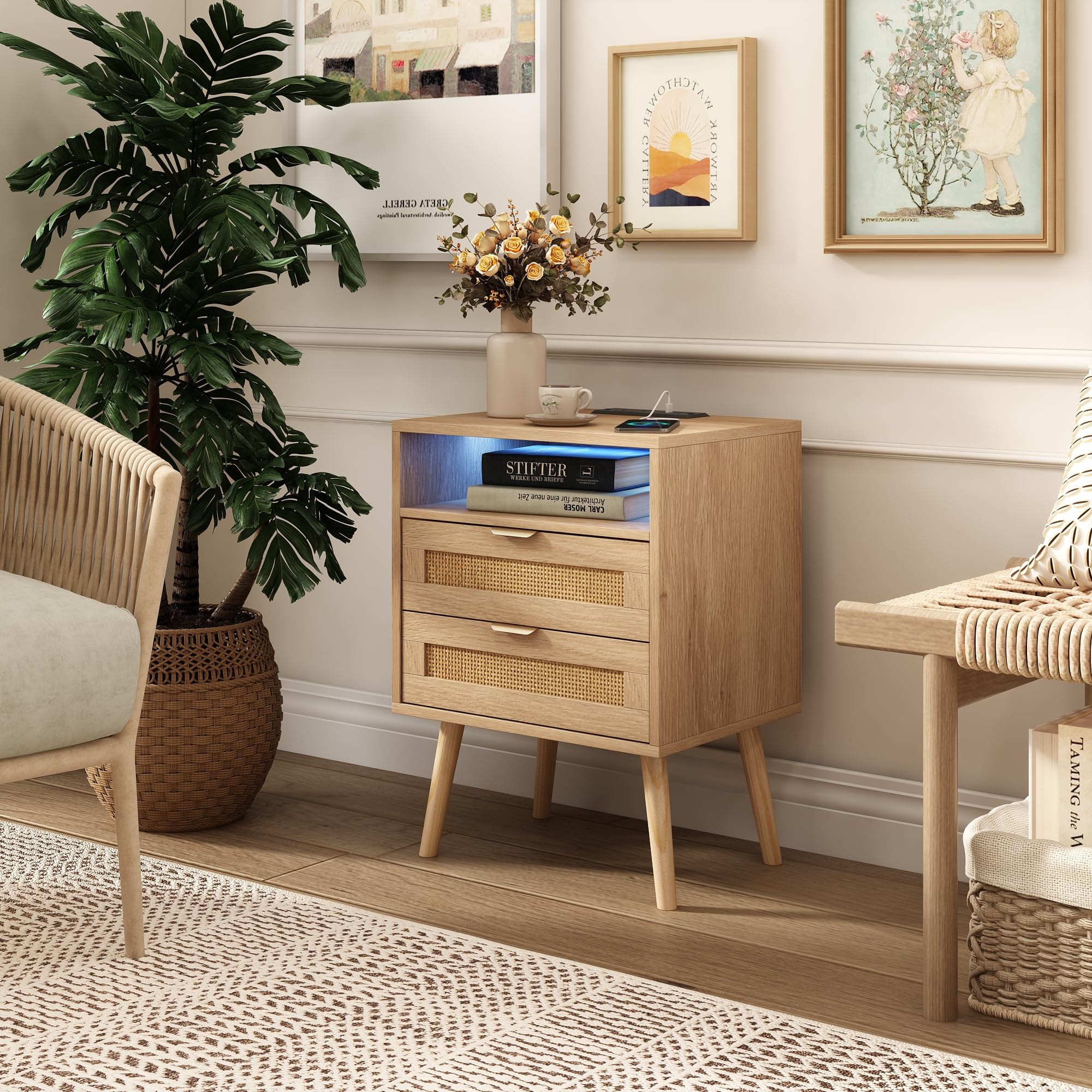Rattan Nightstand with Charging Station