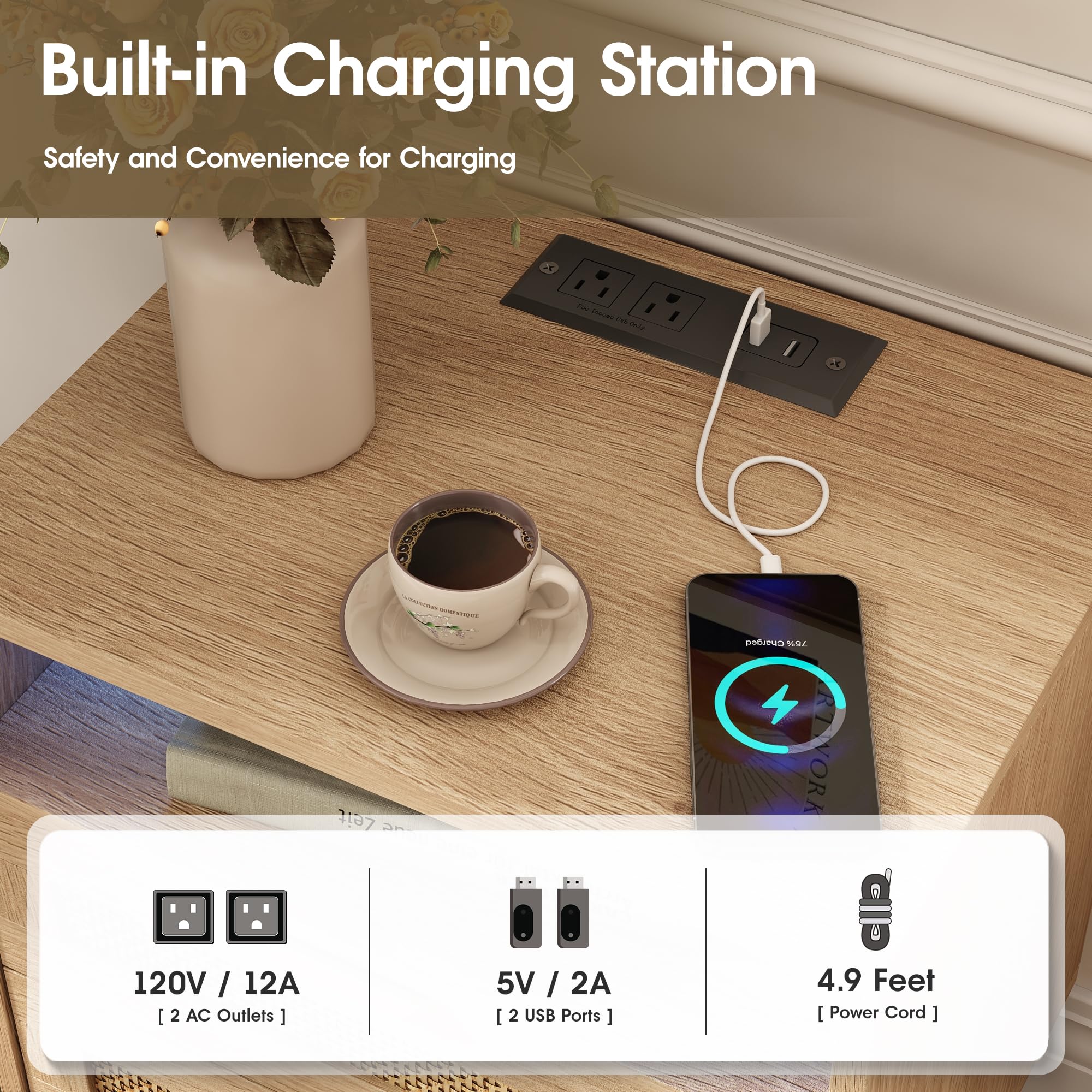 Rattan Nightstand with Charging Station