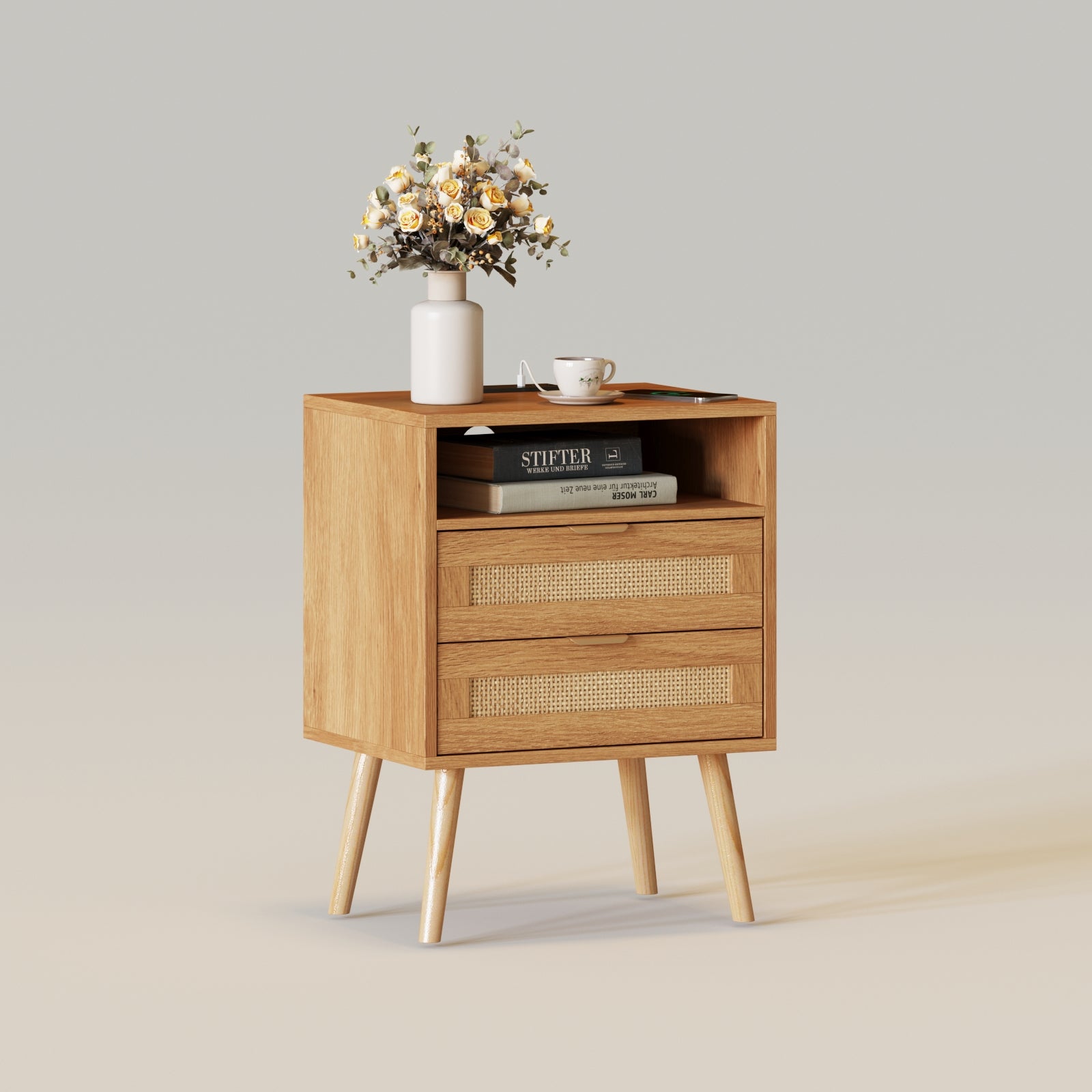 Rattan Nightstand with Charging Station