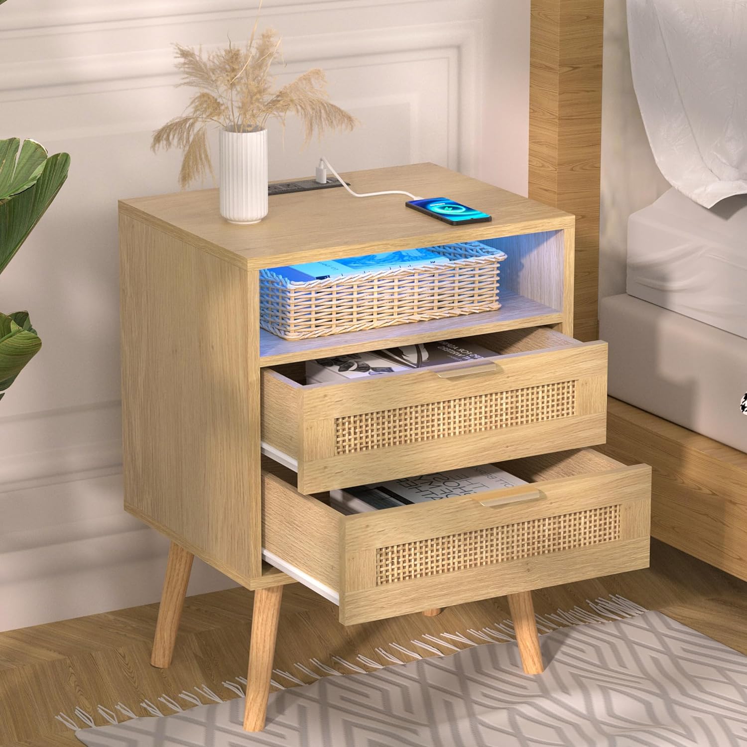 Rattan Nightstand with Charging Station